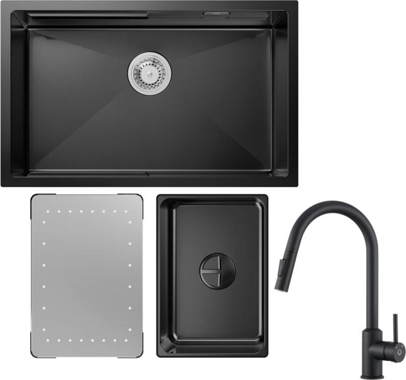 Cecipa Max - cecipa Edelstahlspüle 70 x 44 cm Küchenspüle Schwarz Unterbauwaschbecken + 40.4cm Küchenarmatur ausziehbare...