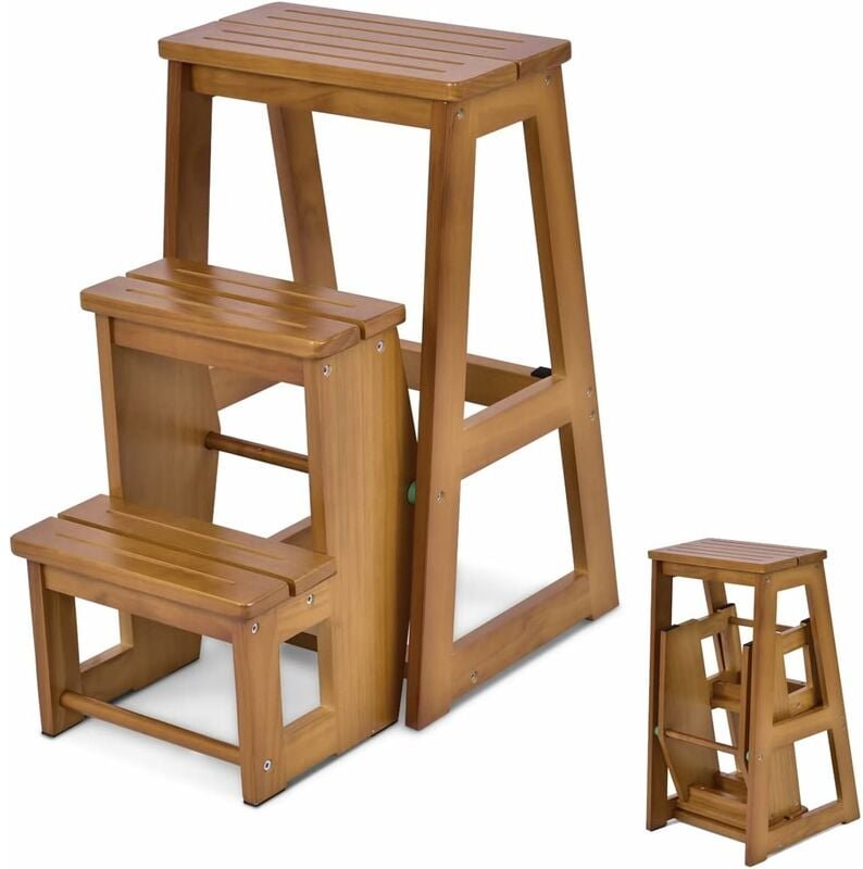 Trittleiter 3 Stüfen klappbar, Leiterstuhl Tritthocker Trittstuhl Haushaltsleiter Hockerleiter, aus Massivholz, Natur - ...