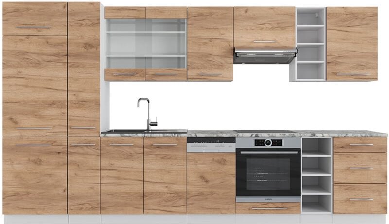 Vicco - Küchenzeile Fame-Line, Goldkraft Eiche/Weiß, 355 cm ohne Arbeitsplatte