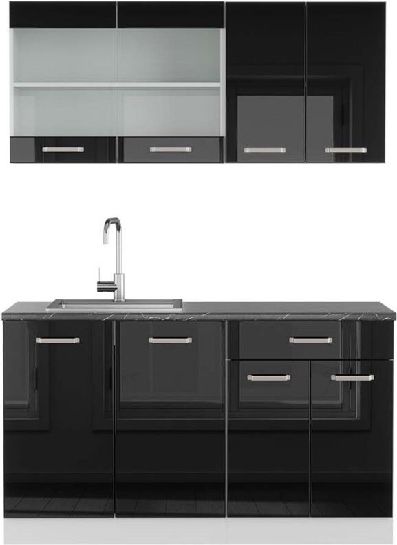 Vicco - Singleküche R-Line, Schwarz Hochglanz/Weiß, 140 cm , ap Anthrazit