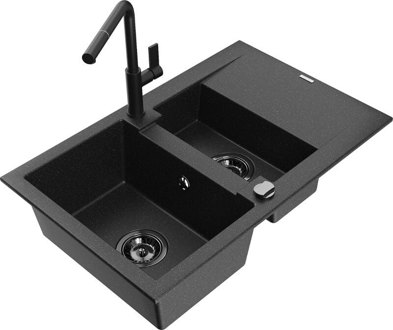 Gaspar 1,5-Becken-Granitspüle mit Abtropffläche und Mischbatterie Flora, Schwarz/Silber - 6507 - Mexen