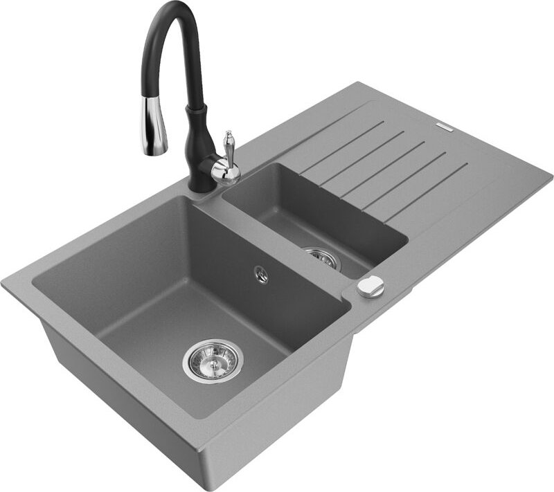 Mexen Matias 1,5-Becken-Granitspüle mit Abtropffläche und Mischbatterie Savita, Grau - 6502-71-67260