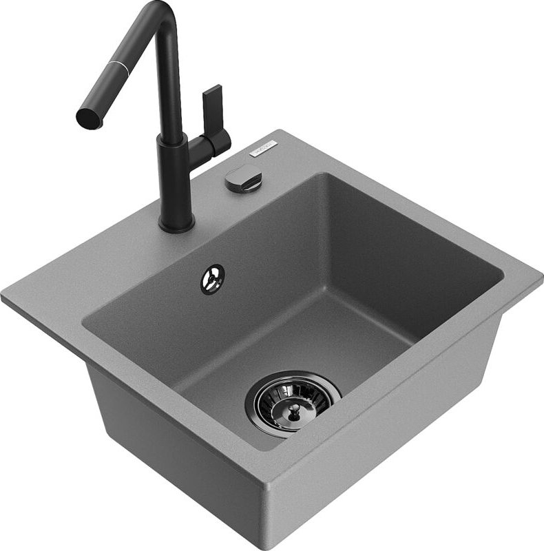 Milo 1-Becken-Granitspüle mit Mischbatterie Flora, Grau - 6505-71-670401-70-B - Mexen