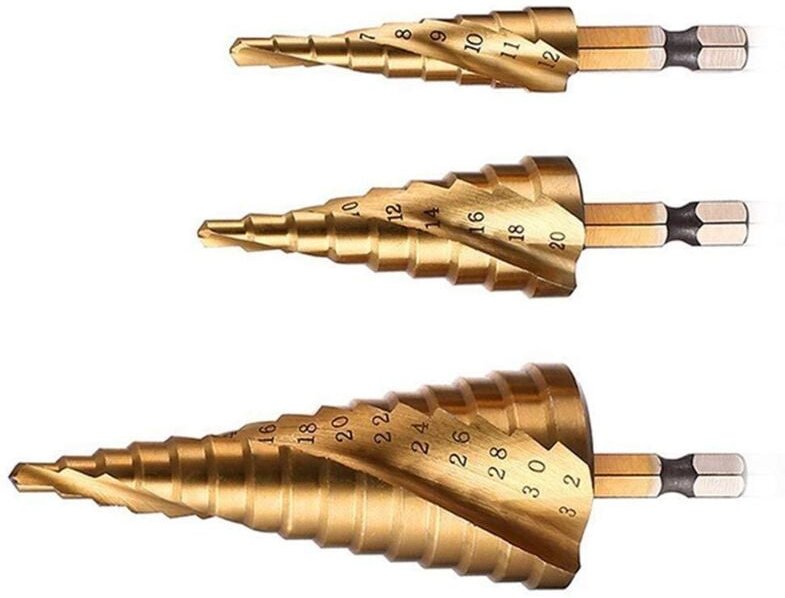Stufenbohrer-Set, Spiralnut, Hochgeschwindigkeitsstahl, titanbeschichtet, 4 mm bis 12/20/32 mm Sechskantschaft, metrisch...