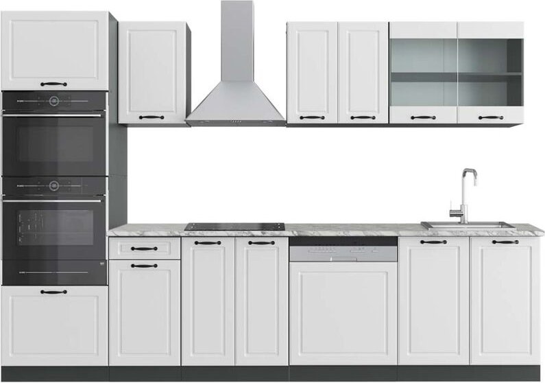 Vicco - Küchenzeile R-Line, Weiß Landhaus/Anthrazit, 300 cm mit Hochschrank, ap Marmor