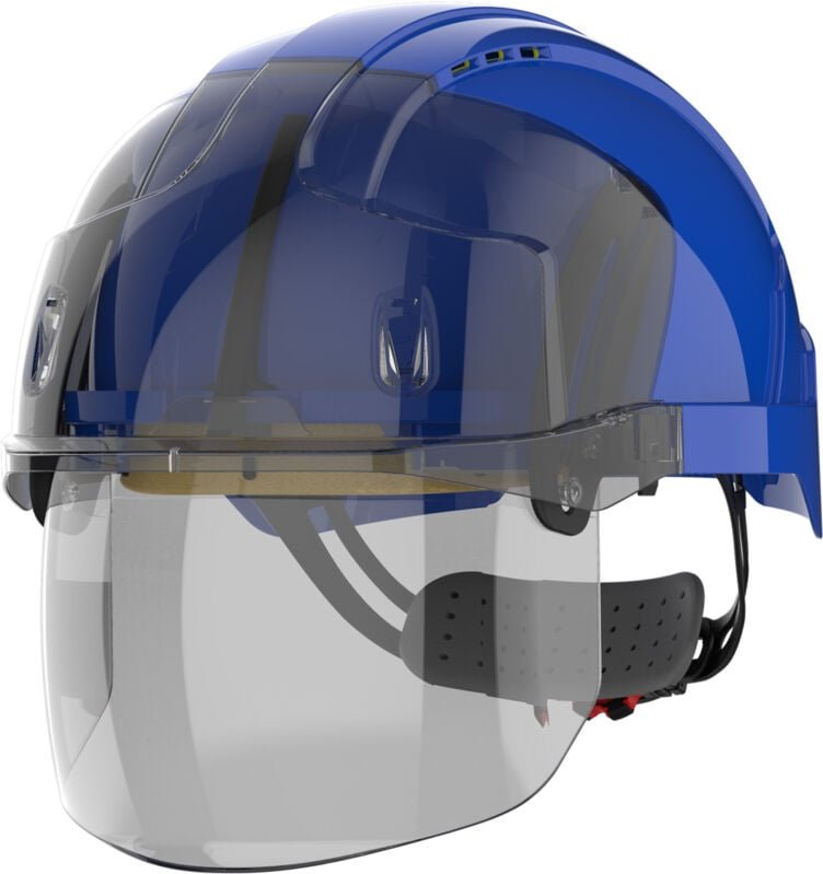 Arbeitsschutzhelm mit belüftetem Rastersichtschirm EVO VISTAshield Blau/Rauchfarben