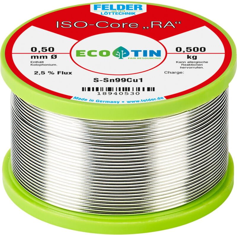 Thumbnail - Felder Löttechnik - Felder ISO-Core 'ra' Sn99Cu1 Lötzinn, bleifrei Spule Sn99,3Cu0,7 0.500 kg 0.5 mm