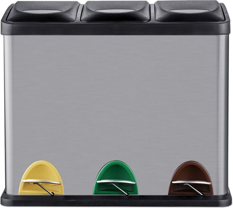 Relaxdays Mülleimer, 3 Fächer, 24 L, Fußpedal, Inneneimer, Mülltrenner Küche, HBT 39,5 x 46 x 26,5 cm, Edelstahl, silber
