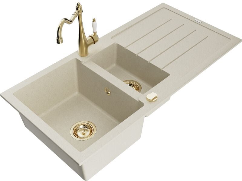 Andres 1,5-Becken-Granitspüle mit Abtropffl√§che und Mischbatterie Carla, Beige - 6515-69-670700-50 - Mexen