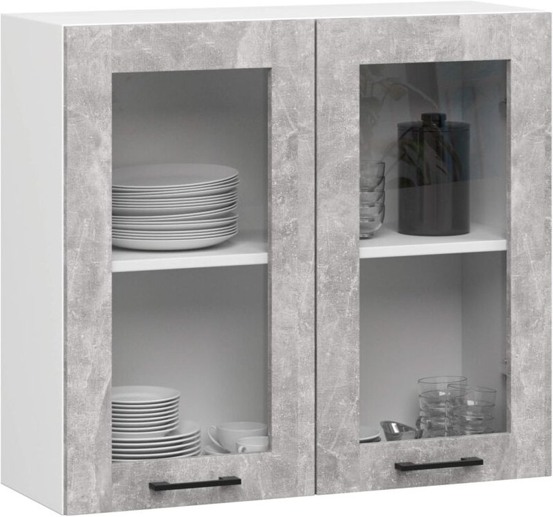 Thumbnail - Akord - Küchenvitrine Weiß 80 cm 2 Türen Front Beton 2 Regalböden B80xH72xT30,5 cm