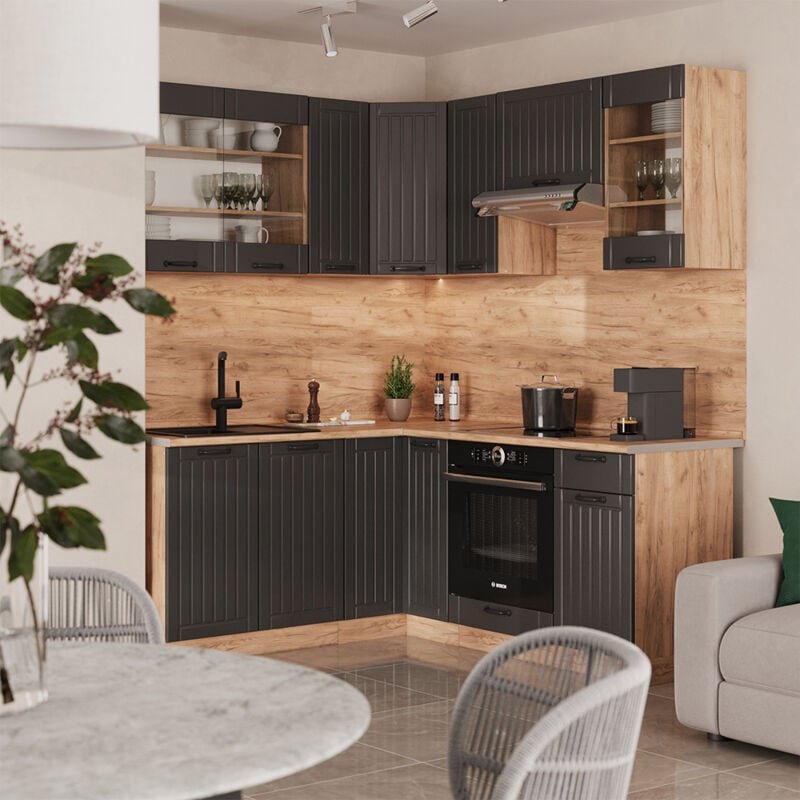 Eckküche Fame-Line, Dunkelgrau, 190 x 60 cm , AP Eiche, Vicco