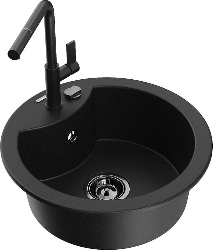 Mexen - Diego 1-Becken-Granitspüle mit Mischbatterie Flora, Schwarz - 6512-77-670401-70-B