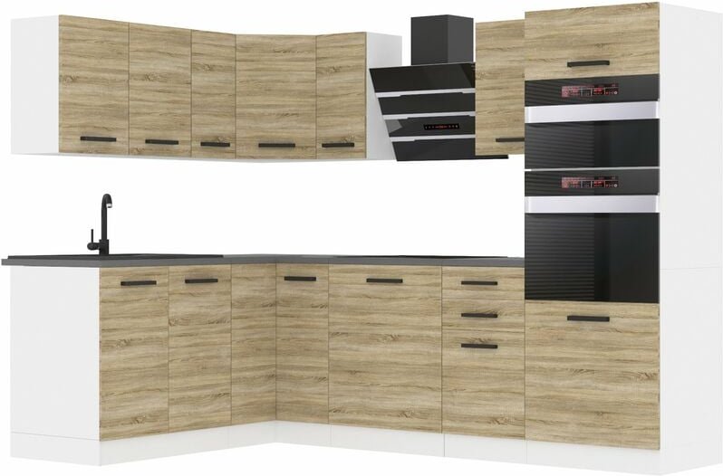 Küchenzeile Küchenblock Küche L-Form Melanie Küchenmöbel mit Griffe, Einbauküche ohne Elektrogeräten mit Hängeschränke u...