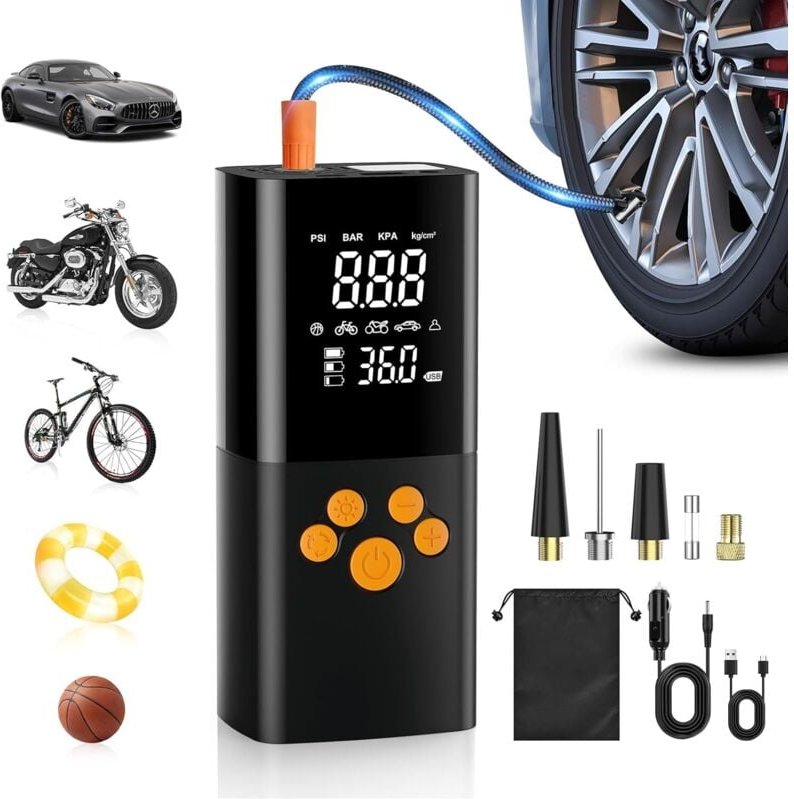 Thumbnail - Tragbarer Luftkompressor, 10000 mAh, kabelloser Autoreifenfüller, 150 PSI, tragbarer Autokompressor mit digitaler LCD-An...