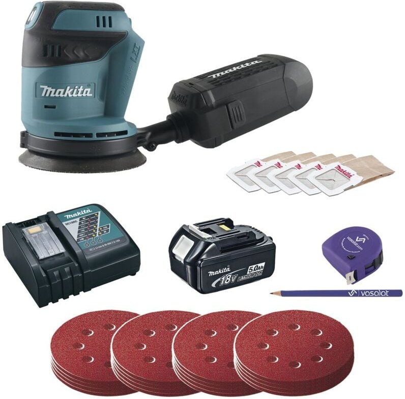 Makita Akku Exzenterschleifer 18V DBO180Z + Schleifscheiben Set 4-teilig K60/80/120/180 + Akku 18V + Ladegerät