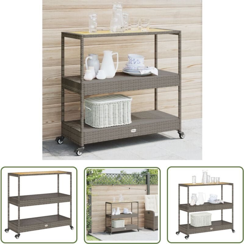 Barwagen 3 Böden Grau Poly Rattan und Massivholz Akazie - Barwagen - Getränketrolley - Küchentisch - Outdoormöbel - Balk...
