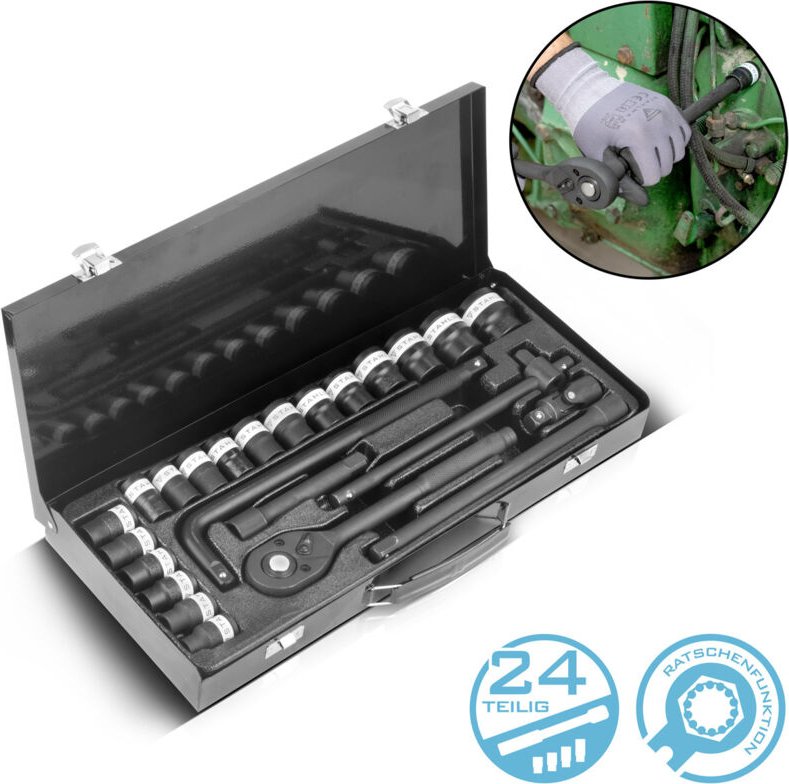 STAHLWERK Steckschlüssel-Satz 24-teiliger Knarrenkasten mit 1/2" Umschaltknarre