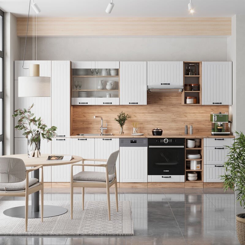 Küchenzeile Fame-Line, Weiß Landhaus, 355 cm ohne Arbeitsplatte, Vicco