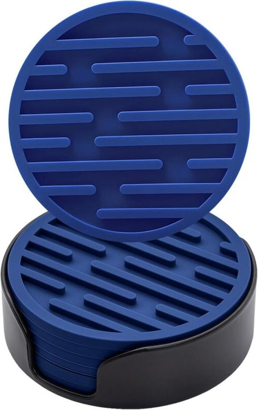 Thumbnail - 6er-Set Silikon-Untersetzer (Marineblau) mit Halterungen, 10 cm Durchmesser, rutschfeste runde Untersetzer, geeignet für...
