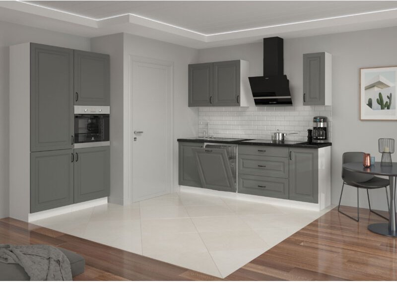 Thumbnail - Küchenmöbel-Set Küchenzeile Ariatte 230x120 cm mit Hängeschränken Dunkelgrau Weiß - Furnix