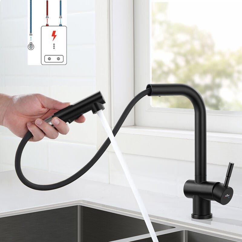 Niederdruck ausziehbar Schwarz Wasserhahn Küche 360° Drehbar Niederdruck Küchenarmatur aus Edelstahl, Spültischarmatur E...