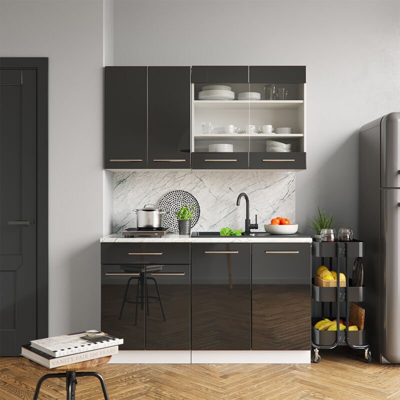 Vicco - Singleküche Fame-Line, Anthrazit Hochglanz/Weiß, 140 cm , ap Anthrazit