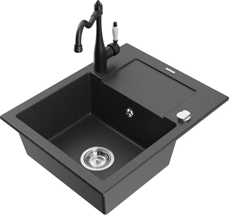 Enzo 1 Becken-Granitspüle mit Abtropffläche und Mischbatterie Carla, Schwarz gesprenkelt - 650 - Mexen