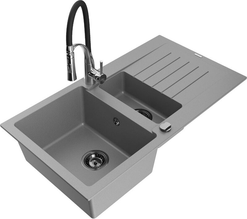 Matias 1,5-Becken-Granitspüle mit Abtropffl√§che und Mischbatterie Aster, Grau - 6502-71-73450-07-B - Mexen