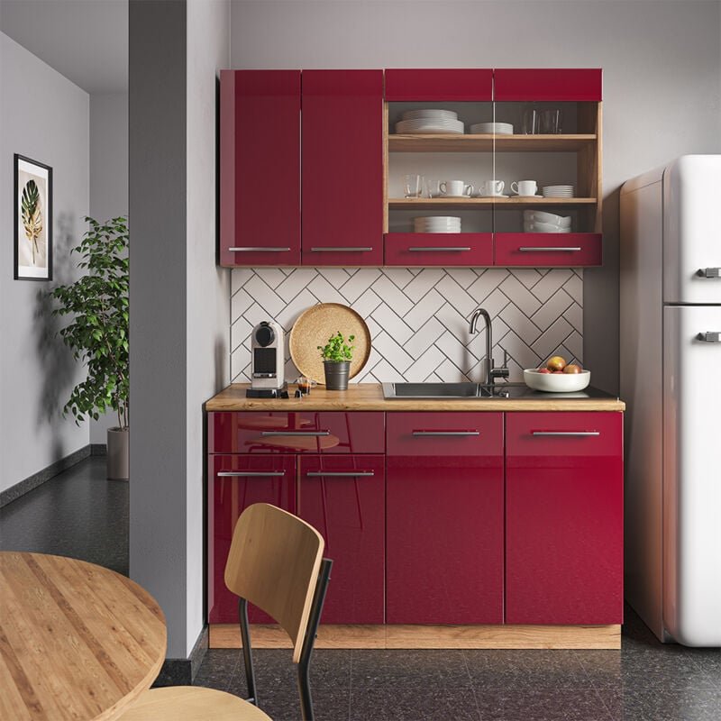 Vicco - Singleküche Fame-Line, Bordeaux Hochglanz/Goldkraft Eiche, 140 cm , ap Anthrazit