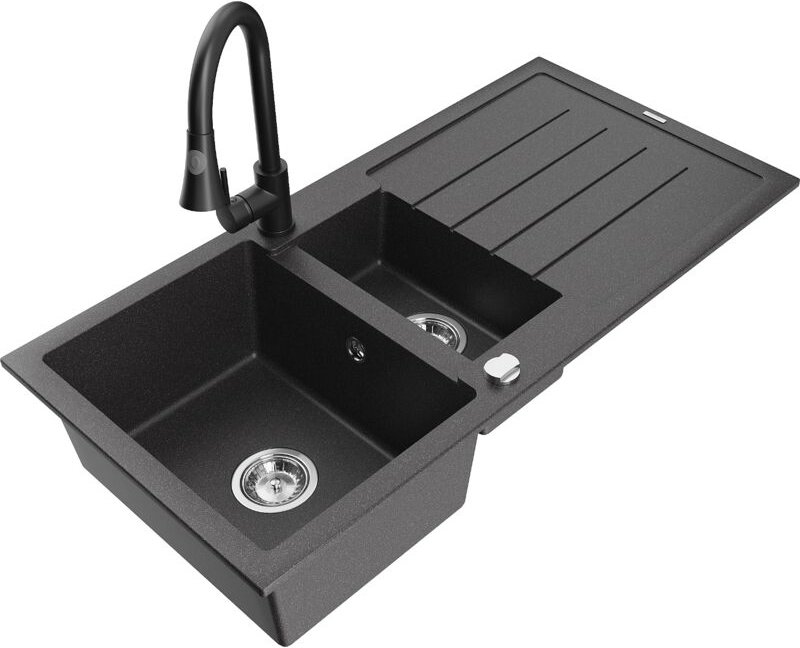Andres 1,5-Becken-Granitspüle mit Abtropffläche und Mischbatterie Elia, Schwarz gesprenkelt - - Mexen