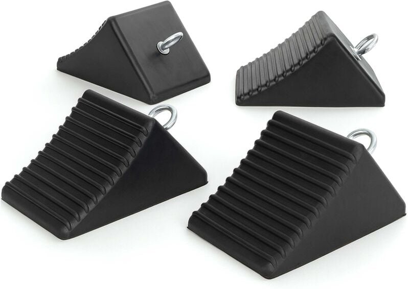 Thumbnail - Wiltec Unterlegkeile 4er Set 205 x 125 x 100 mm aus Gummi, Bremskeil mit Ringschraube, Gummikeil für Anhänger, Wohnmobil...