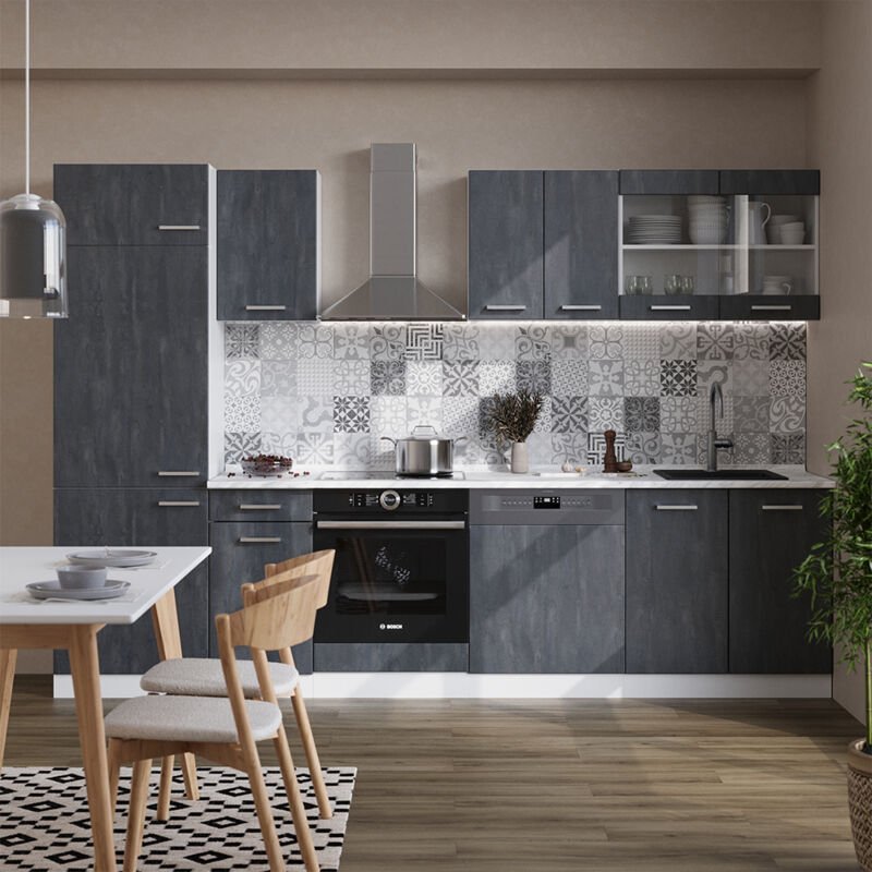 Vicco - Komplettküche R-Line, Schwarz Beton/Weiß, 300 cm ap Anthrazit