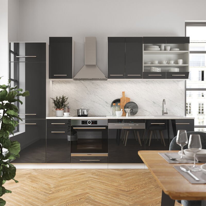 Vicco - Küchenzeile Fame-Line, Anthrazit Hochglanz/Weiß, 300 cm , ap Marmor