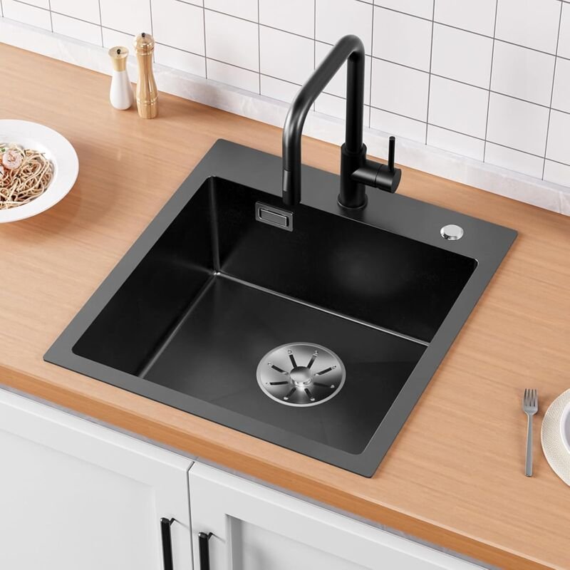 Cecipa - Spülbecken Schwarz Anthrazit 45x48cm, Spüle Küche inkl. Siphon, Küchenspüle Edelstahl Eckig für Unterschränke a...