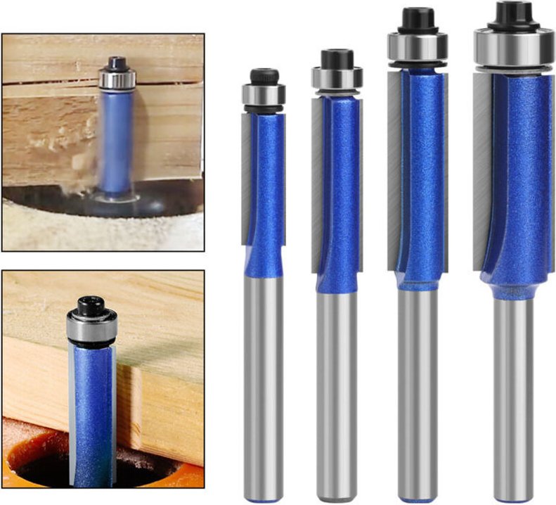 4-teilige 6-mm-Bündigfräser, Kopierfräser mit oberem Lager, Nutfräser, Fräser für Holz, Schnittdurchmesser: 1/4", 5/16",...