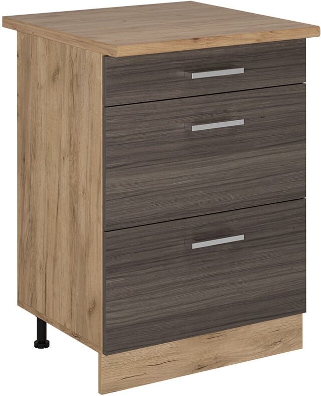 Vicco - Küchenunterschrank R-Line, Edelgrau, 60 cm mit Schubladen, ap Eiche