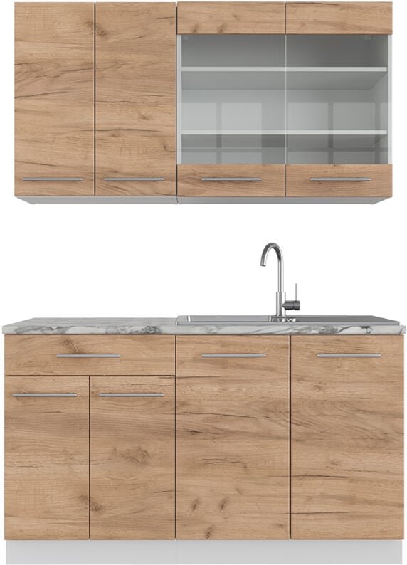 Vicco - Singleküche Fame-Line, Goldkraft Eiche/Weiß, 140 cm , ap Marmor