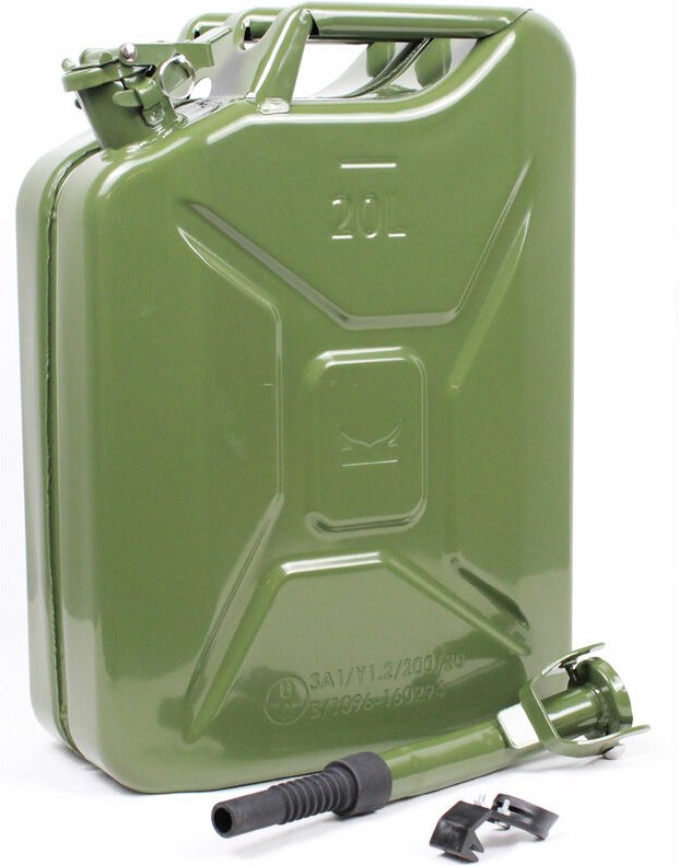 Benzinkanister 20 L Dieselkanister Kraftstoffkanister Metall Ausgießer Halter olivgrün