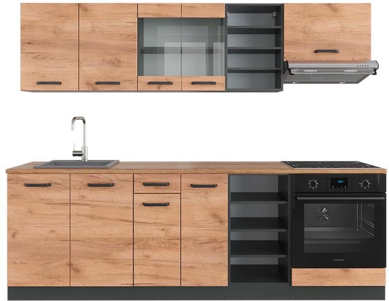 Vicco - Küchenzeile R-Line, Goldkraft Eiche/Anthrazit, 240 cm , ap Eiche