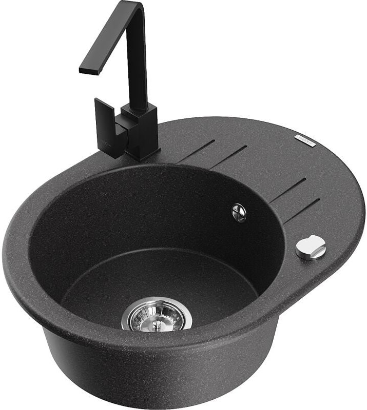 Kevin 1 Becken-Granitspüle mit Abtropffl√§che und Mischbatterie Rita, Schwarz gesprenkelt - 6517-76-670300-70 - Mexen