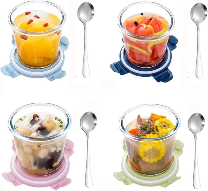 800 ml Glass Container with Lid, 4 Glass Soup Containers, Glass Jar with Lid, Meal Prep Glasses, Kitchen Soup Containers...