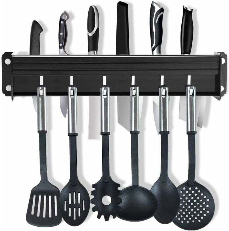 Thumbnail - Shining House - Messerhalter, Küchenutensilienhalter mit 6 Haken, Küchenregal aus Aluminium, 40 cm (schwarz) (ohne Messe...