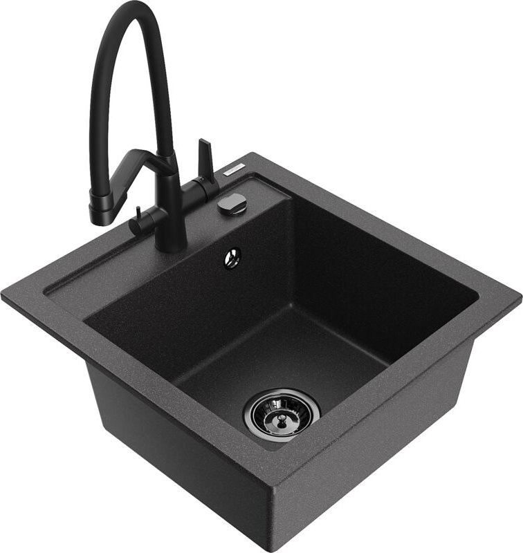 Vito 1-Becken-Granitspüle mit Mischbatterie Duo, Schwarz gesprenkelt - 6503-76-671701-70-B - Mexen