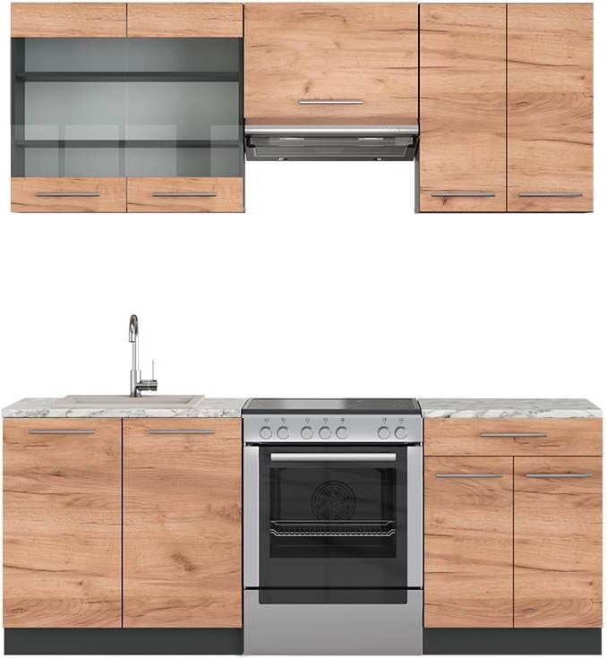 Vicco - Küchenzeile Fame-Line, Goldkraft Eiche/Anthrazit, 200 cm , ap Marmor