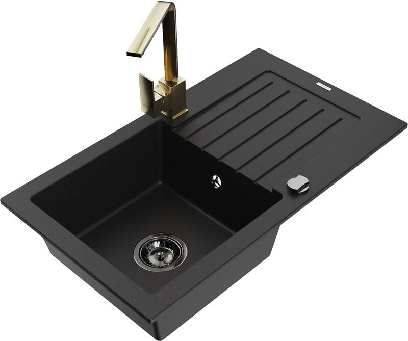 Pablo 1 Becken-Granitspüle mit Abtropffläche und Mischbatterie Rita, Schwarz - 6510-77-670300- - Mexen