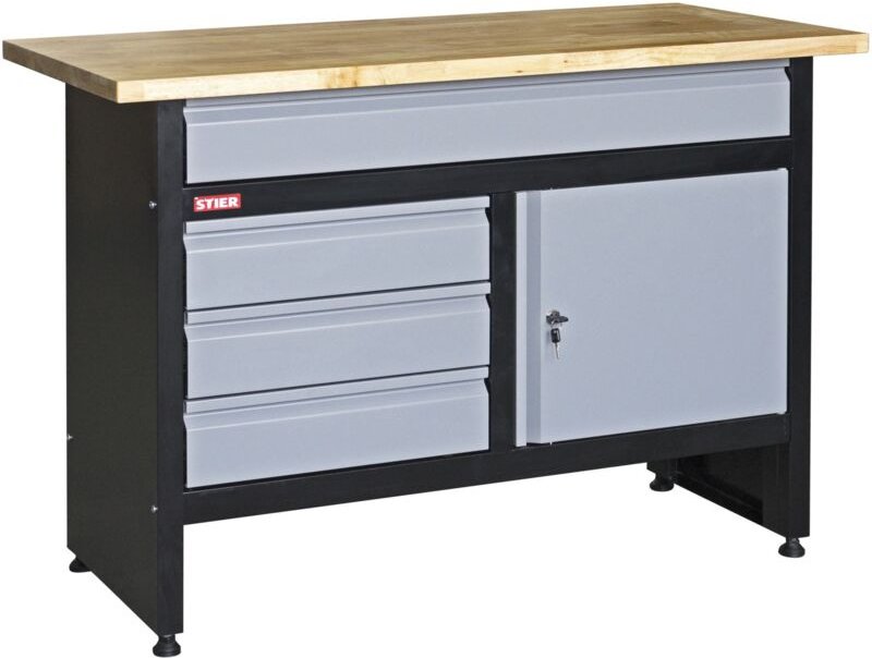 Werkbank Basic, 4 Schubladen, Belastbarkeit 300 kg, BxTxH 1200x600x840 mm, mit Pulverbeschichtung - Stier