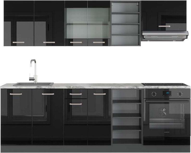 Thumbnail - Vicco - Küchenzeile R-Line, Schwarz Hochglanz/Anthrazit, 240 cm , ap Marmor