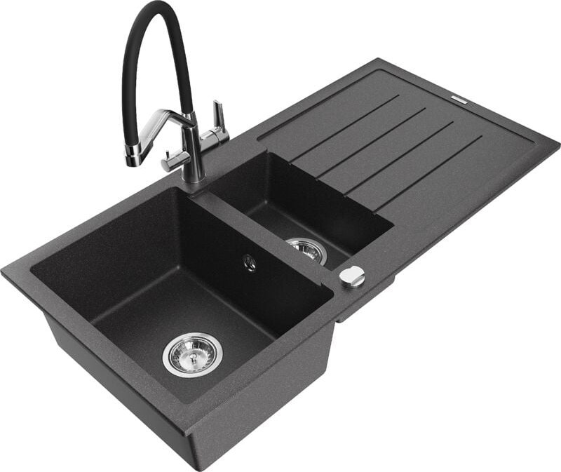 Andres 1,5-Becken-Granitspüle mit Abtropffläche und Mischbatterie Duo, Schwarz gesprenkelt - 6 - Mexen