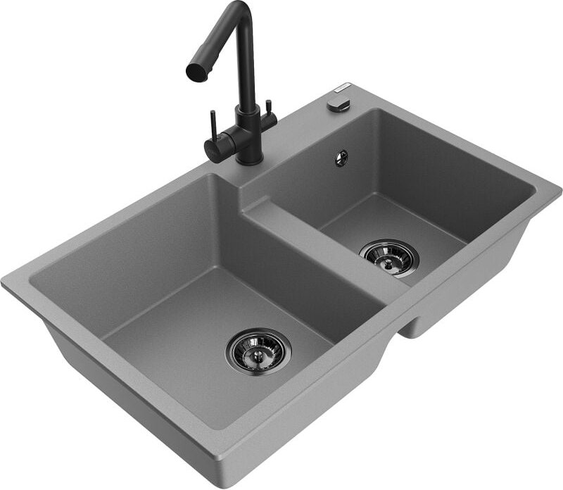 Tomas 2-Becken-Granitspüle mit Mischbatterie Duero, Grau - 6516-71-671600-70-B - Mexen