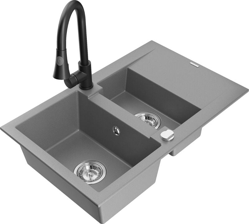 Gaspar 1,5-Becken-Granitspüle mit Abtropffläche und Mischbatterie Elia, Grau - 6507-71-670101- - Mexen